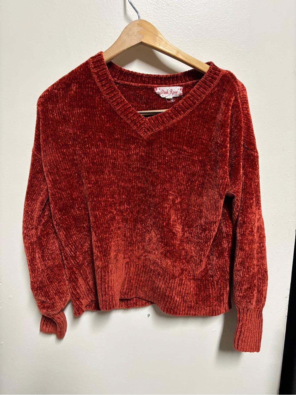 Pink Rose Rust Red Chenille V-Neck Sweater